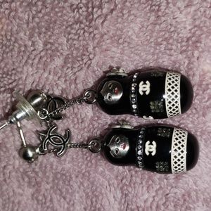 ChanelSilver Metal, Black Resin, Strass Matryoshka Russian Doll CC Earrings,09